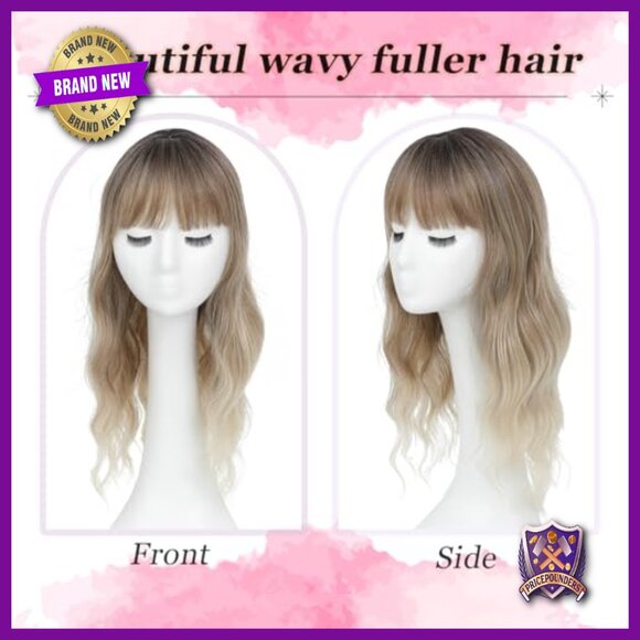 20 Inch Long Wavy Hair Topper with Clip-in Bangs for Thinning Crown